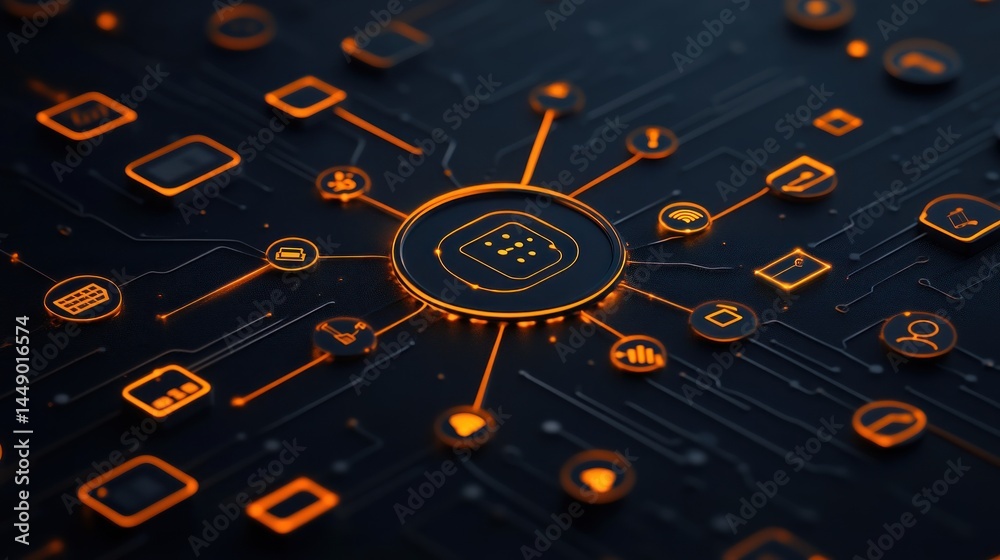 Poster abstract digital network connection interface with glowing tech icons