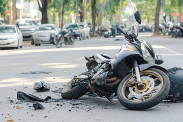 Fototapeta premium Damaged motorcycle on the street. A motorcycle lies on the asphalt, with scattered debris and parts. Cars are parked nearby
