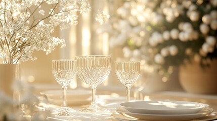 Elegant table setting with crystal glasses and white flowers