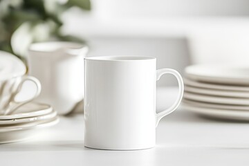 Fototapeta premium Ceramic cup placed on a white table with kitchenware in a bright, minimalist setting