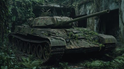 Abandoned military tank in decaying environment