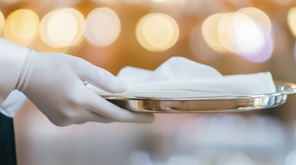 Elegant waiter serving a silver tray with white napkin in a luxurious restaurant setting showcasing fine dining experience and hospitality concept