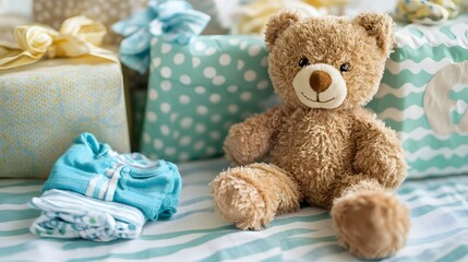 Fototapeta premium Adorable teddy bear sits amidst baby shower gifts. Pastel blue and yellow presents and baby clothes are scattered around. Perfect for baby announcements or nursery themes.