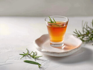 Small glass shot of amber-colored liquor, garnished with rosemary sprigs