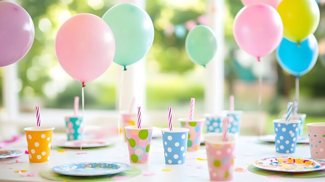 Pastel-colored balloons and polka-dotted cups adorn a festive table, creating a cheerful birthday party atmosphere.