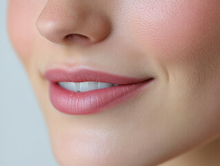Obraz premium Close up of smiling woman face highlights her smooth skin, pink lips, and natural beauty, conveying sense of happiness and confidence