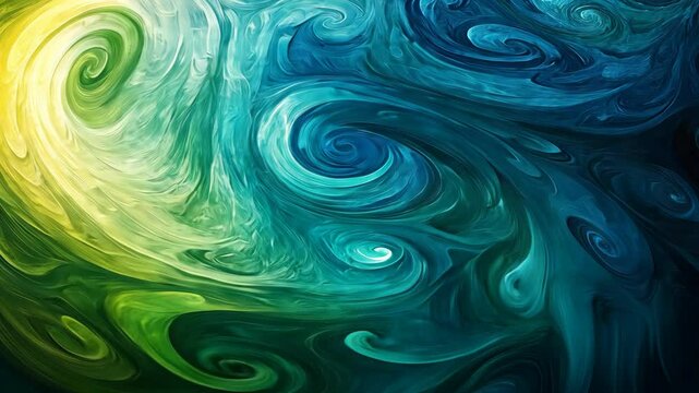 Abstract swirling artwork in teal, green, and yellow hues.  Fluid, dynamic composition with multiple vortex patterns