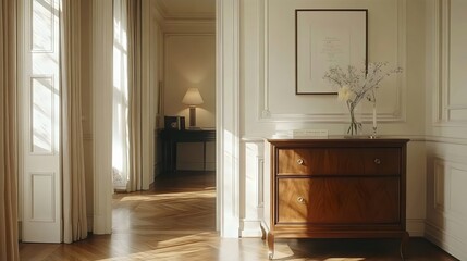 Fototapeta premium Sunlit interior showcases a classic wooden dresser, and stylish decor, creating a warm atmosphere.