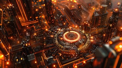 This abstract background features a mesmerizing computer network design, showcasing intricate details and vibrant orange lights. Perfect for technology and digital themes.