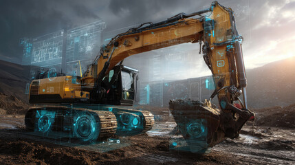 Modern excavator with digital overlays.  Heavy machinery with advanced technology