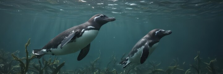 Naklejka premium Humboldt penguin swimming underwater, surrounded by kelp , water, swimming