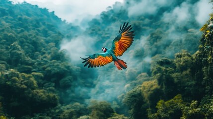 Fototapeta premium Colorful parrot soaring over misty rainforest