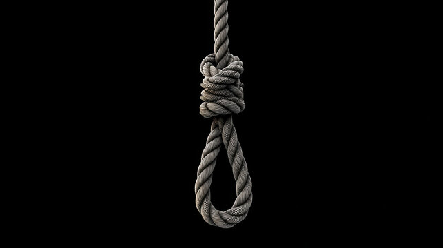 A rope hanging from a black background with a knot in it