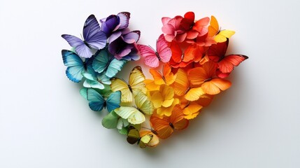 Colorful butterflies shaped like a heart on white