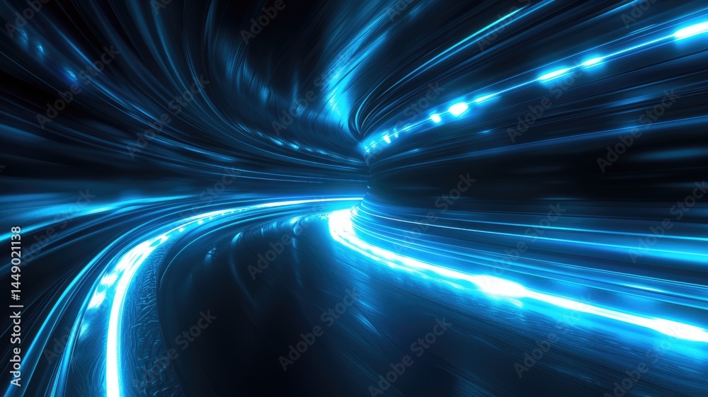 Poster this abstract image features vibrant blue light trails flowing against a dark backdrop, creating a d