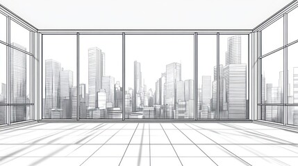 Fototapeta premium Architectural Drawing of Empty Room with City View. Possible Use Interior Design, Architecture