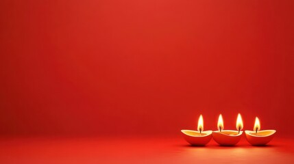 Warm candle light flames glowing on red background symbolizing diwali celebration