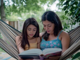 Latina mother and daughter read a book outdoors on a cot