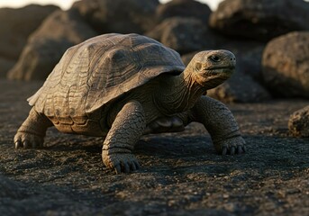 Obraz premium Galapagos Tortoise Walking on the Rocks on the Beach