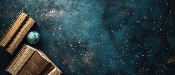 Ancient or magical book with vintage book cover and astronomy element scattering at minimal background. Top down aerial view. Minimalistic background theme. Flat lay composition concept. Wisdom. AIG55