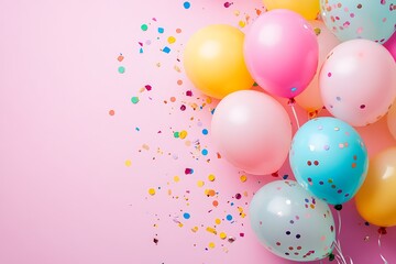 Pastel balloons confetti party celebration joyful festive event pink background soft lighting cheerful vibrant mood