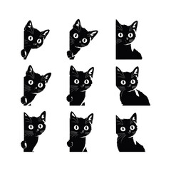 Obraz premium A collection of playful black cat faces peeking out from corners, as if spying or curiously watching you. Stylized, expressive designs perfect for tattoos or minimalistic art