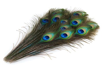 Naklejka premium Vibrant peacock feathers showcasing iridescent blues and greens against a clean white background a stunning display of