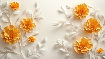 Golden Marigold with Stucco Stems and Leaves An elegant 3D floral background. Elegant 3D Floral Background Featuring Golden Marigold with Stucco Stems and Leaves.