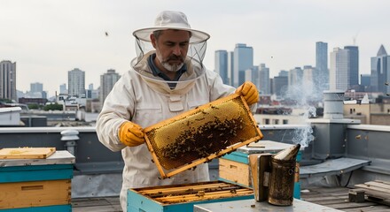 A beekeeper inspecting a honeycomb frame on a rooftop with a city skyline in the background on a cloudy day