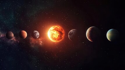 An alien sun casting dynamic light onto nearby planets, creating glowing atmospheric effects on green