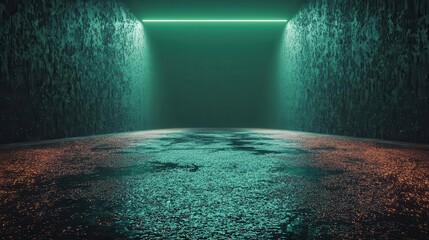 Rainsoaked city street at night with neon lights reflecting on wet pavement, green screen background