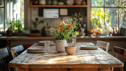 Rustic kitchen table setting with flowers