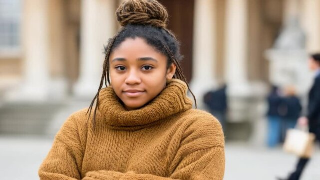 Young woman in cozy brown sweater standing outdoors with arms crossed and calm expression at historic location