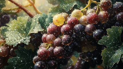 Close-up of dewy, luminous grapes, glistening with water drops. - ai