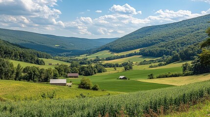 Obraz premium view of hills decorated with trees and clouds