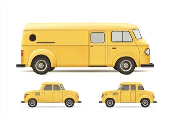 Illustration of Yellow Delivery Van and Two Compact Cars on White