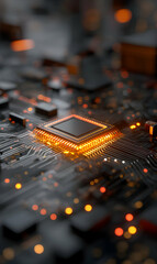 Illuminated microchip with a golden glow radiating across an intricate circuit board design