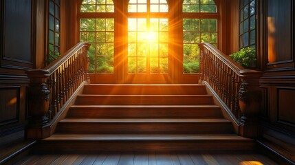 Obraz premium An inviting wooden staircase bathed in warm sunlight, offering a beautiful view.