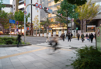 Pedestrian crossing in motion in Osaka, Japan
