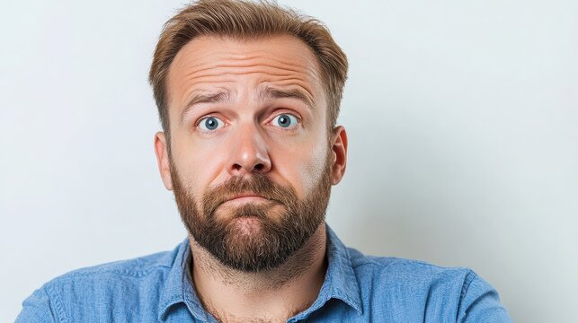 Concerned Man with Beard, Blue Shirt, Shocked Expression on Face