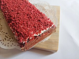 Red Velvet Brownies Served on Wooden Board.