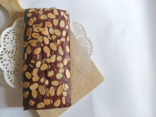 Almond Brownies Served on Wooden Board. Selective Focus