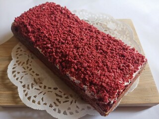 Red Velvet Brownies Served on Wooden Board.