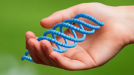 Blue DNA Helix Model in Human Hand Against Green Nature Background