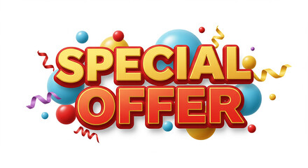 Special offer text with colorful balls and ribbons on a white background for marketing promotion