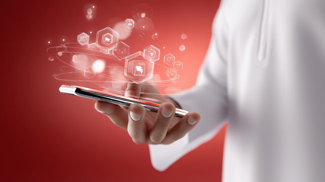 A man is holding a cell phone with a red background