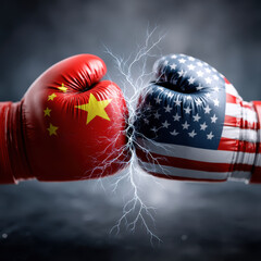 Two boxing gloves with the Chinese flag and American flags colliding in lightning, black background
