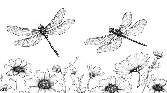Botanical sketch of two dragonflies in a flower field. Use Stock photo
