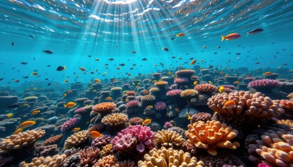 Underwater scene with vibrant coral reefs tropical ocean marine life natural habitat scenic view ocean conservation