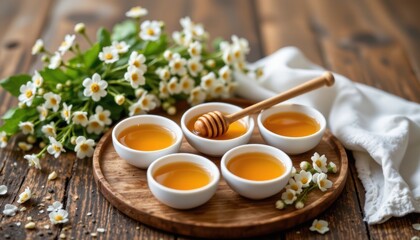 Fototapeta premium Delightful honey samples with flowers rustic kitchen setting food photography natural aesthetic close-up view